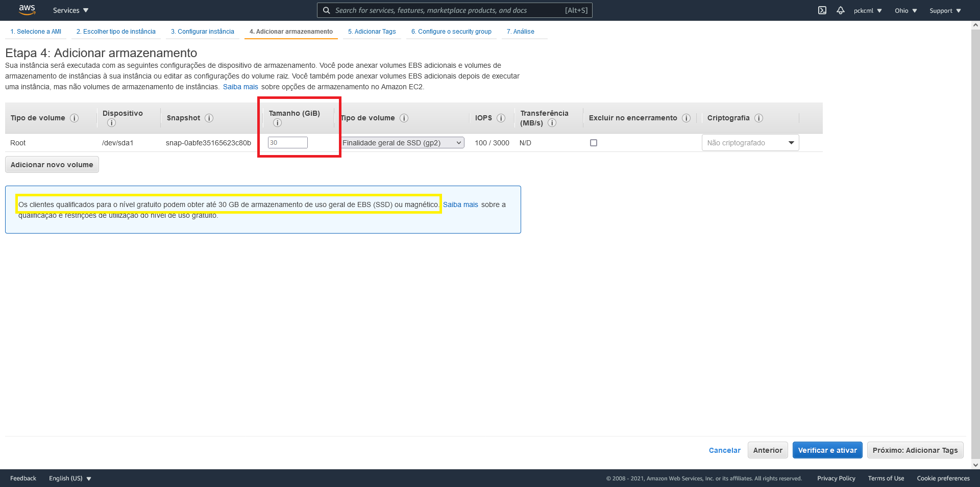 Criação de uma instância EC2 na AWS, passo 4