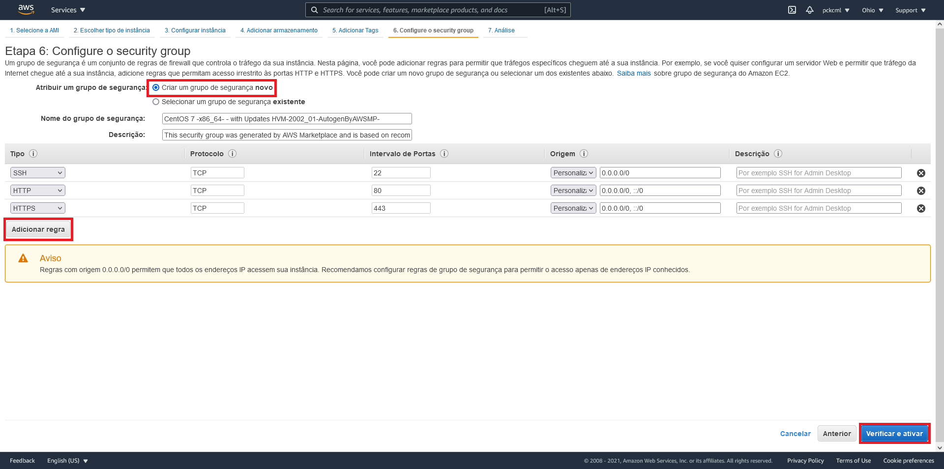 Criação de uma instância EC2 na AWS, passo 6