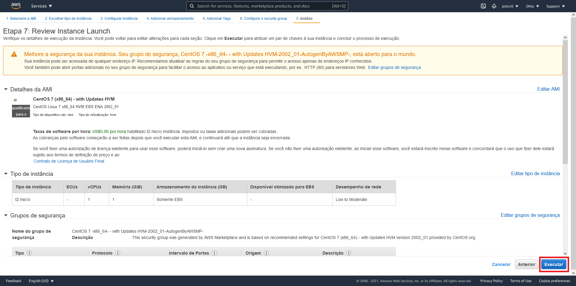 Criação de uma instância EC2 na AWS, confirmação das opções selecionadas