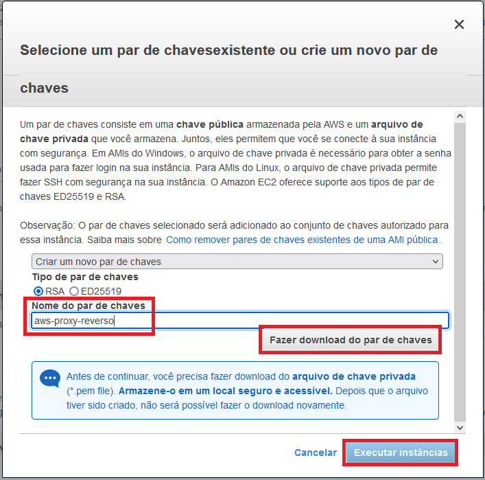 Criação de uma instância EC2 na AWS, criação de par de chaves