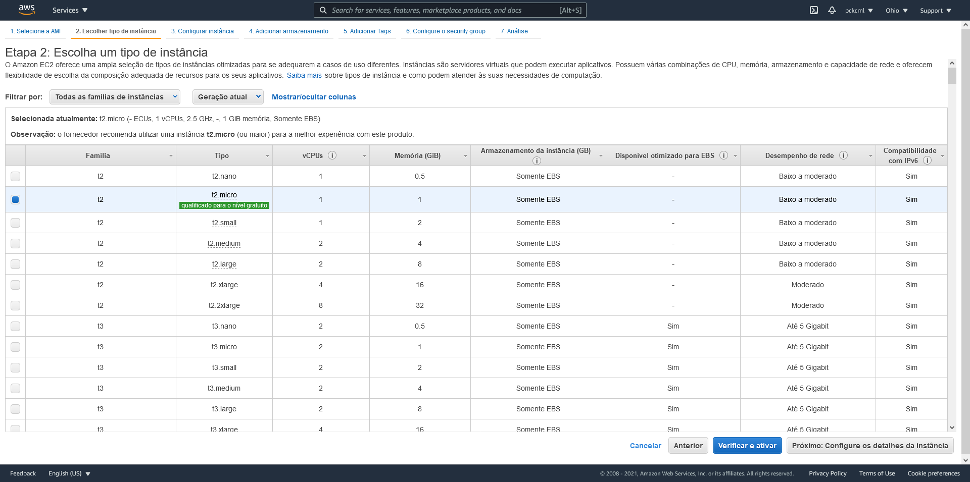 Criação de uma instância EC2 na AWS, passo 2