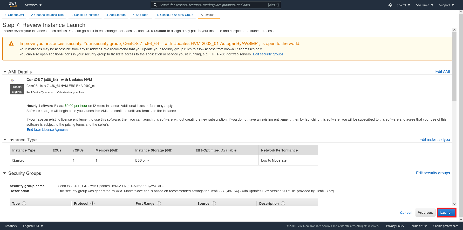 Creating an EC2 instance on AWS, reviewing the selected options