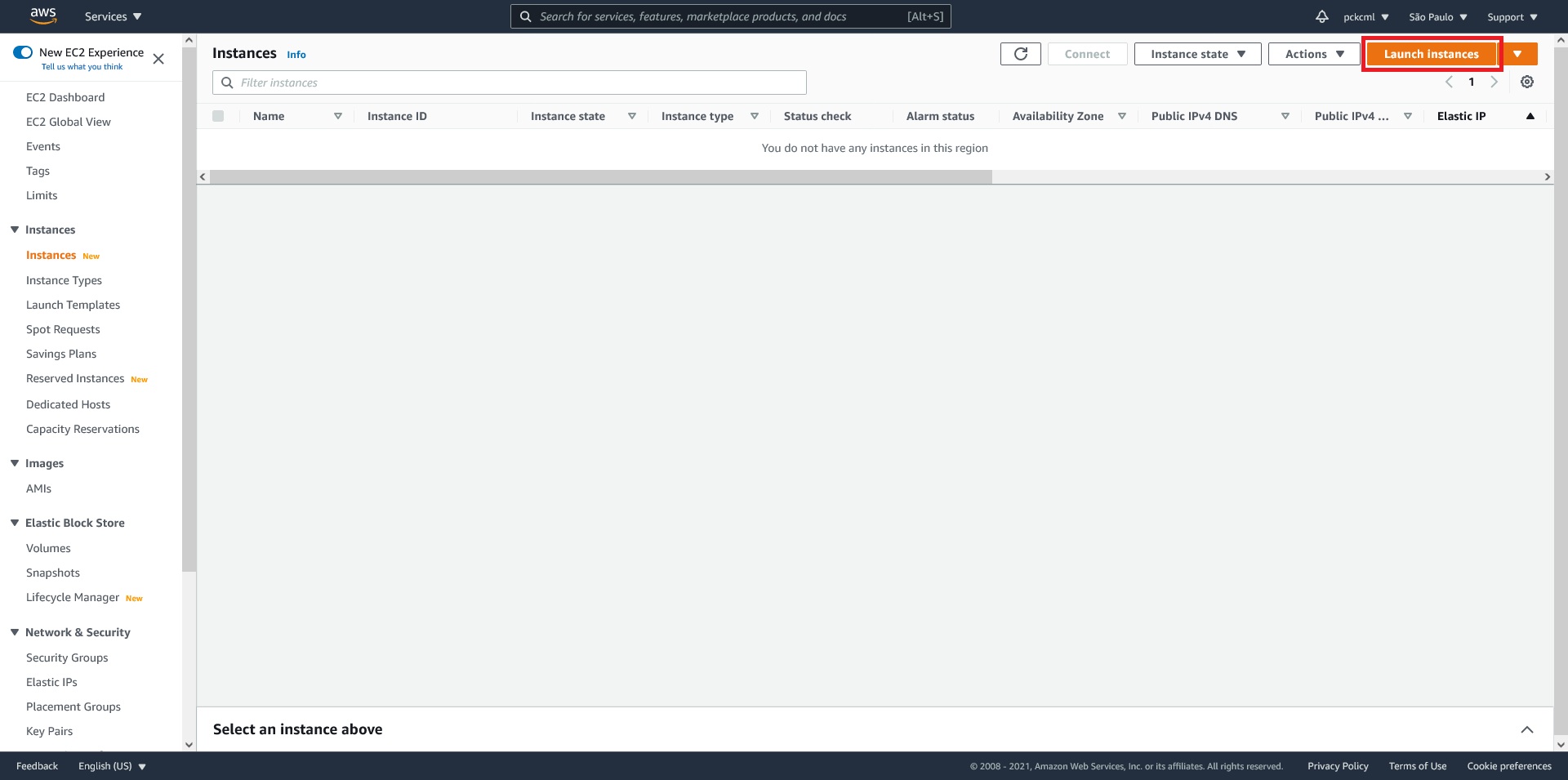 AWS Console, EC2 service homepage